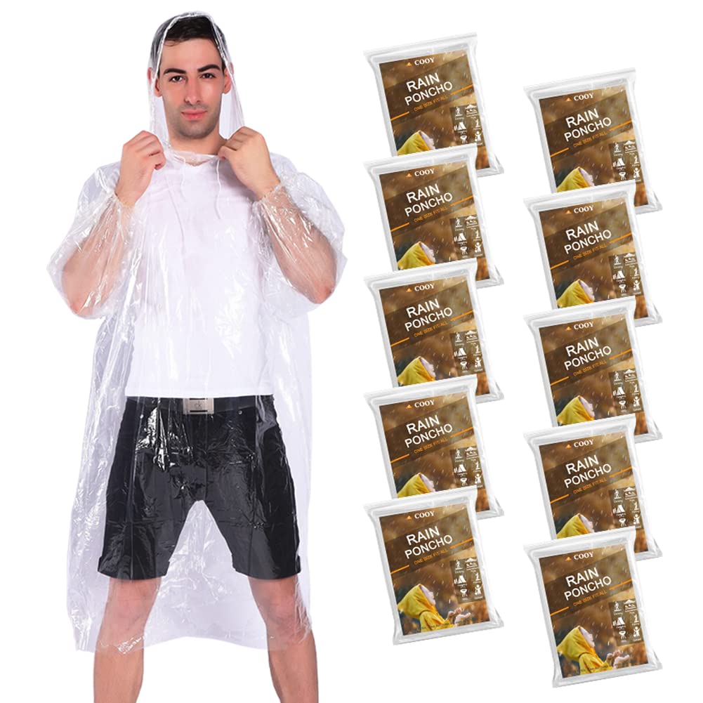 COOY Disposable Rain Ponchos for Adults (10 Pack), Family Pack for Travel | Better Value Per Poncho, Full Sleeve Design with Elastic Cuffs, Disney Trips, Outdoor Events, Easy Carry Travel Essential