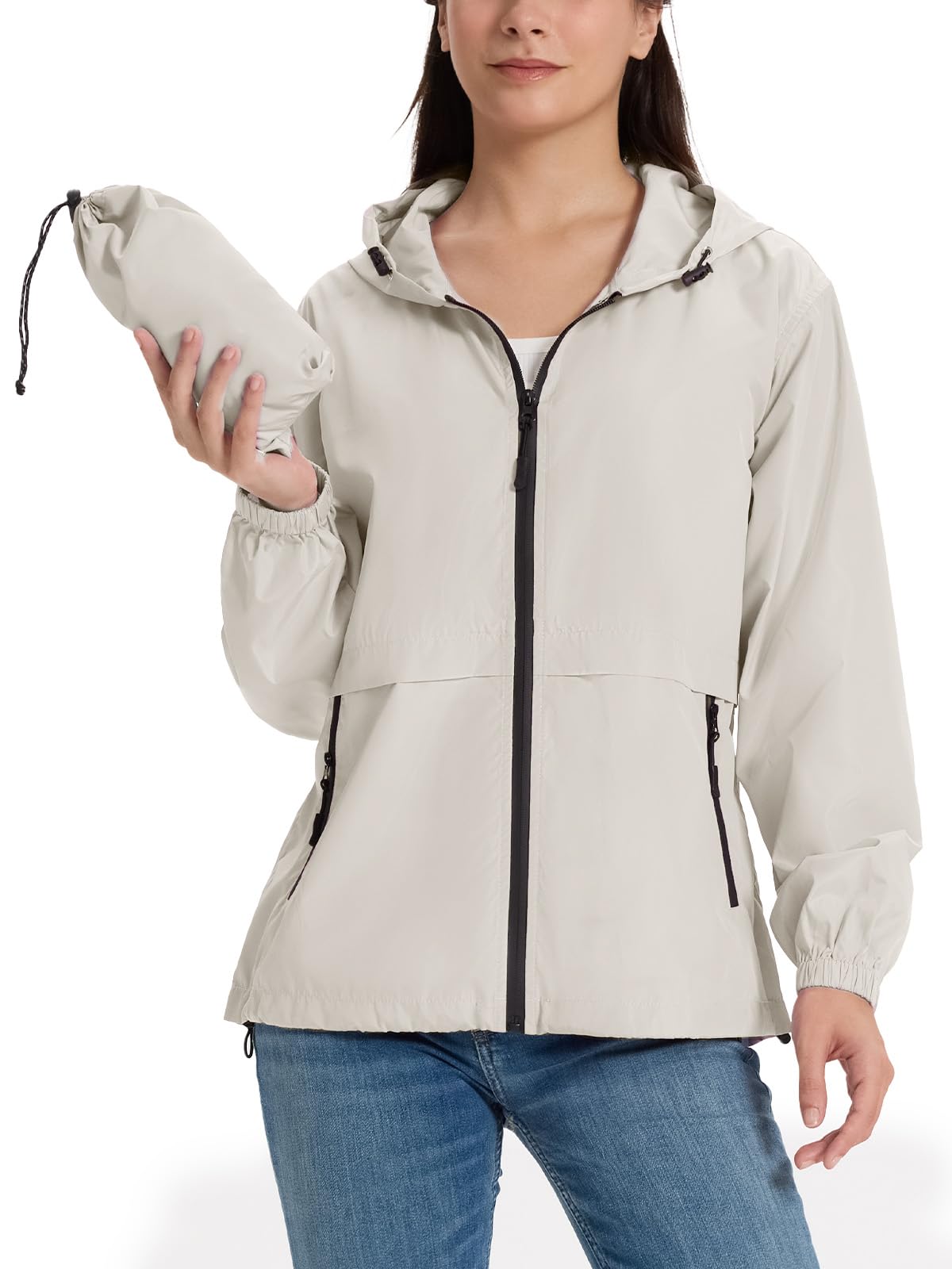 SaphiRose Lightweight Rain Jacket Women Waterproof Raincoat Packable | raincoat, rain coat, windbreaker, zip pockets, drawstring hem, hiking, camping, travel, ultra-portable
