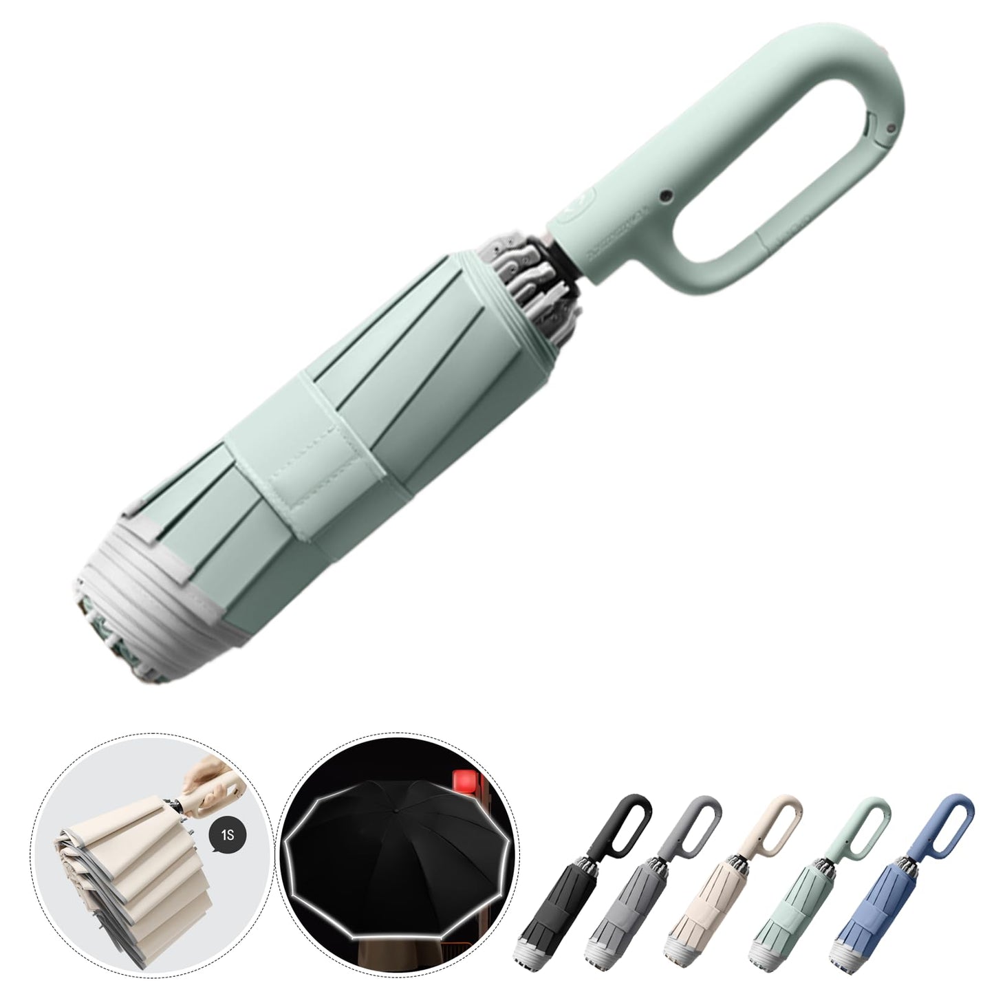 Ring Buckle Fully Automatic Umbrella, Reflective Safety Strip, Sturdy Windproof, Reverse Automatic, Travel Portable, Compact Folding (Blue)
