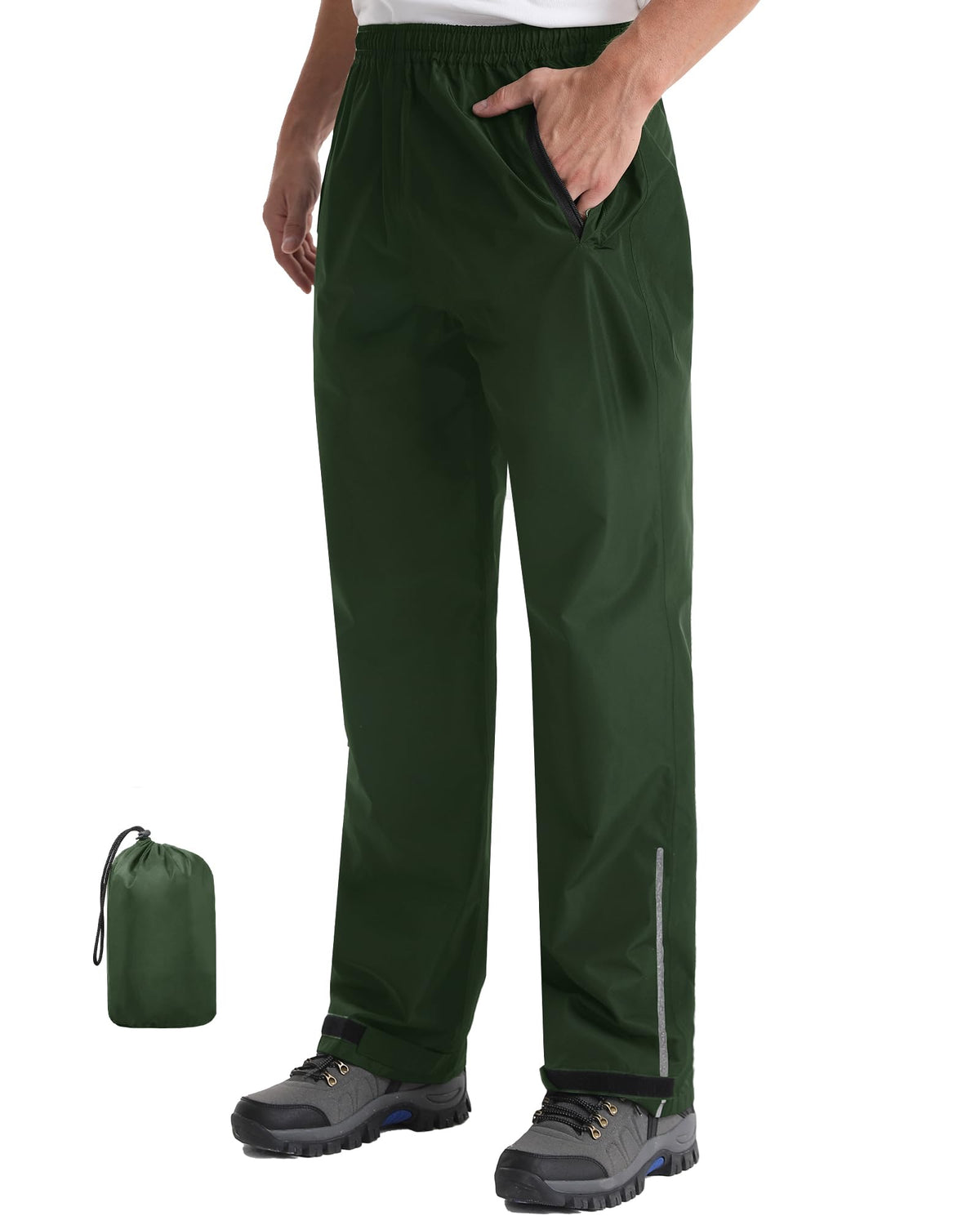 iCreek Men's Rain Pants Packable Waterproof Lightweight Hiking Over Pants | Zipper Pockets, Pants Leg Reflective Strip, Hook & Loop, Storage Pouch, for Hiking, Fishing, Golf, Work, Daily Wear