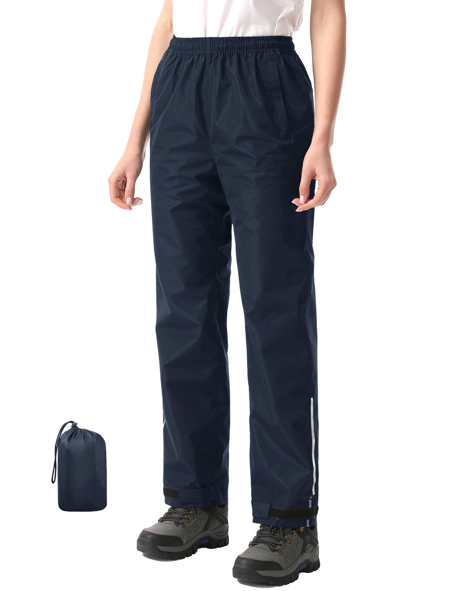 iCreek Women's Rain Pants Packable Waterproof Lightweight Hiking Over Pants | Zipper Pockets, Pants Leg Reflective Strip, Hook & Loop, Storage Pouch, for Hiking, Fishing, Golf, Work, Daily Wear