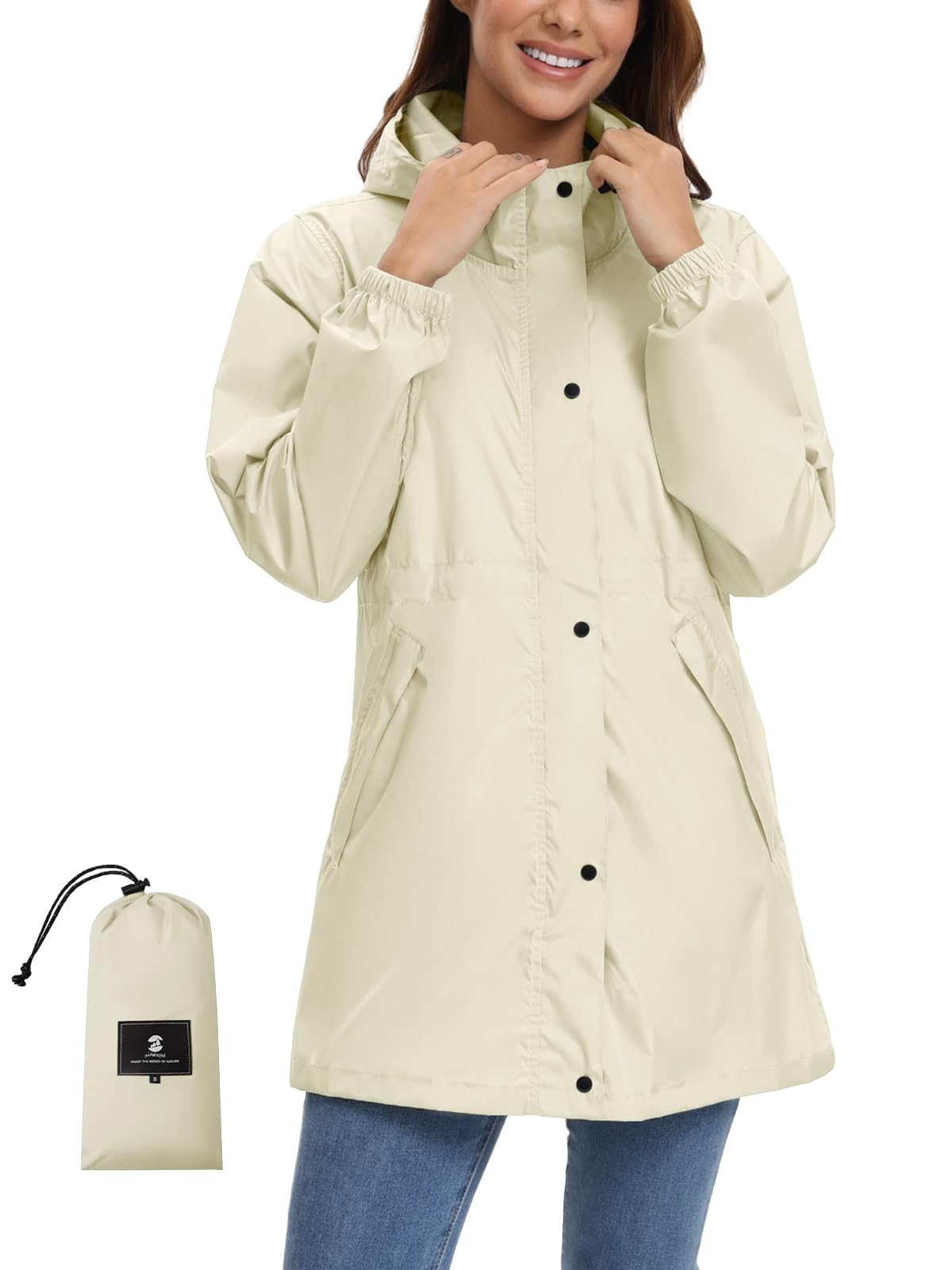 SaphiRose Women's Lightweight Long Rain Jacket Packable Raincoat Hooded Outdoor Trench Coats