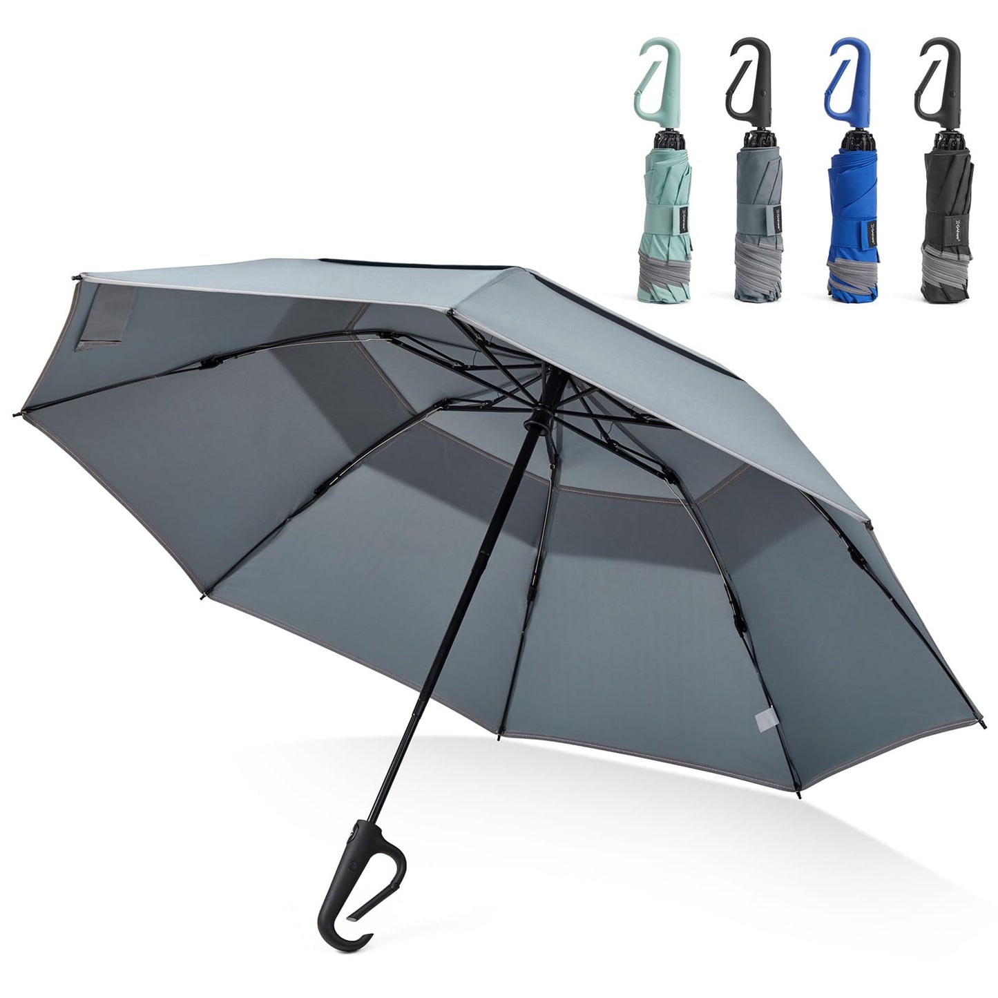 G4Free 46inch Ring Buckle Umbrella, Inverted Design with Carabiner Handle | Compact Travel Umbrella with Reflective Strip, Automatic Windproof for Rain