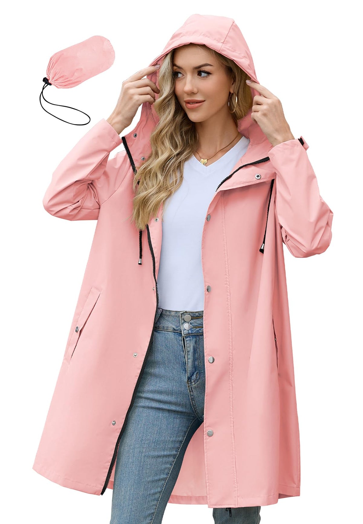 Zando Long Packable Rain Jacket Women Waterproof Raincoat with Hood | Relaxed-Fit Lightweight Windbreaker for Women; Travel Rain Coats for Commute, Hiking, Cruise, and Daily wear