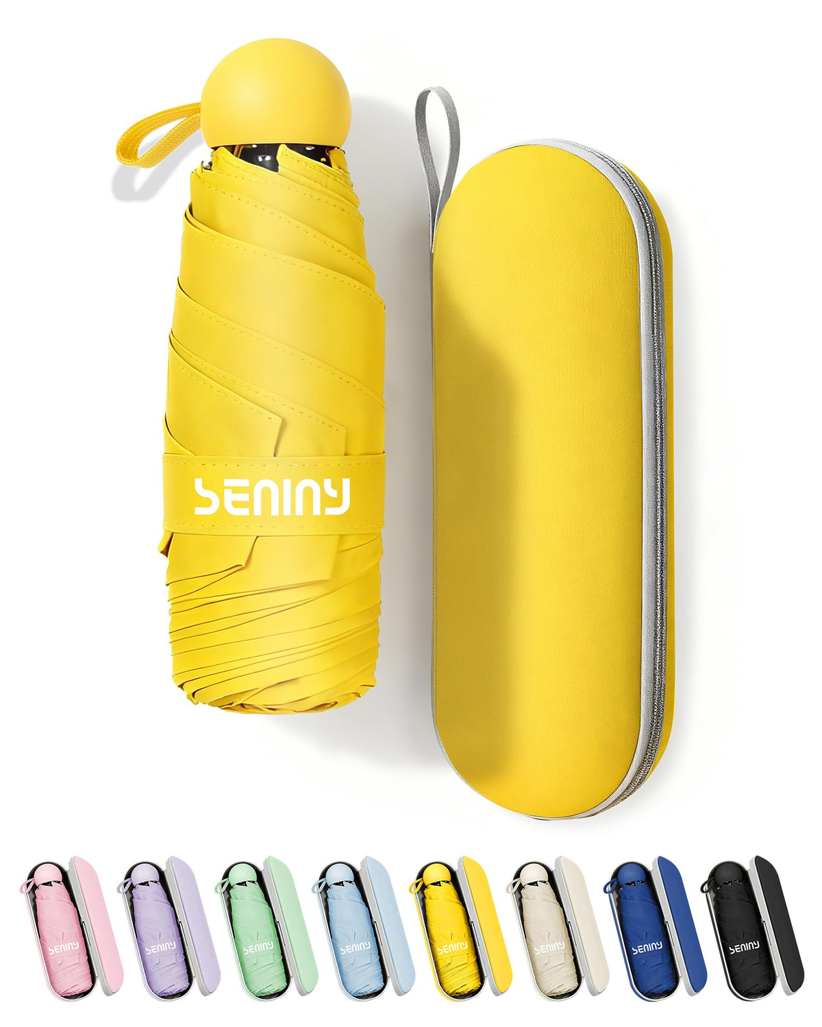 Seniny Mini Travel Umbrella with Case, Compact Pocket Size UV Sun & Rain | Tiny purse size fits pocket, UV protection waterproof fabric, lightweight folding, great for women kids daily travel