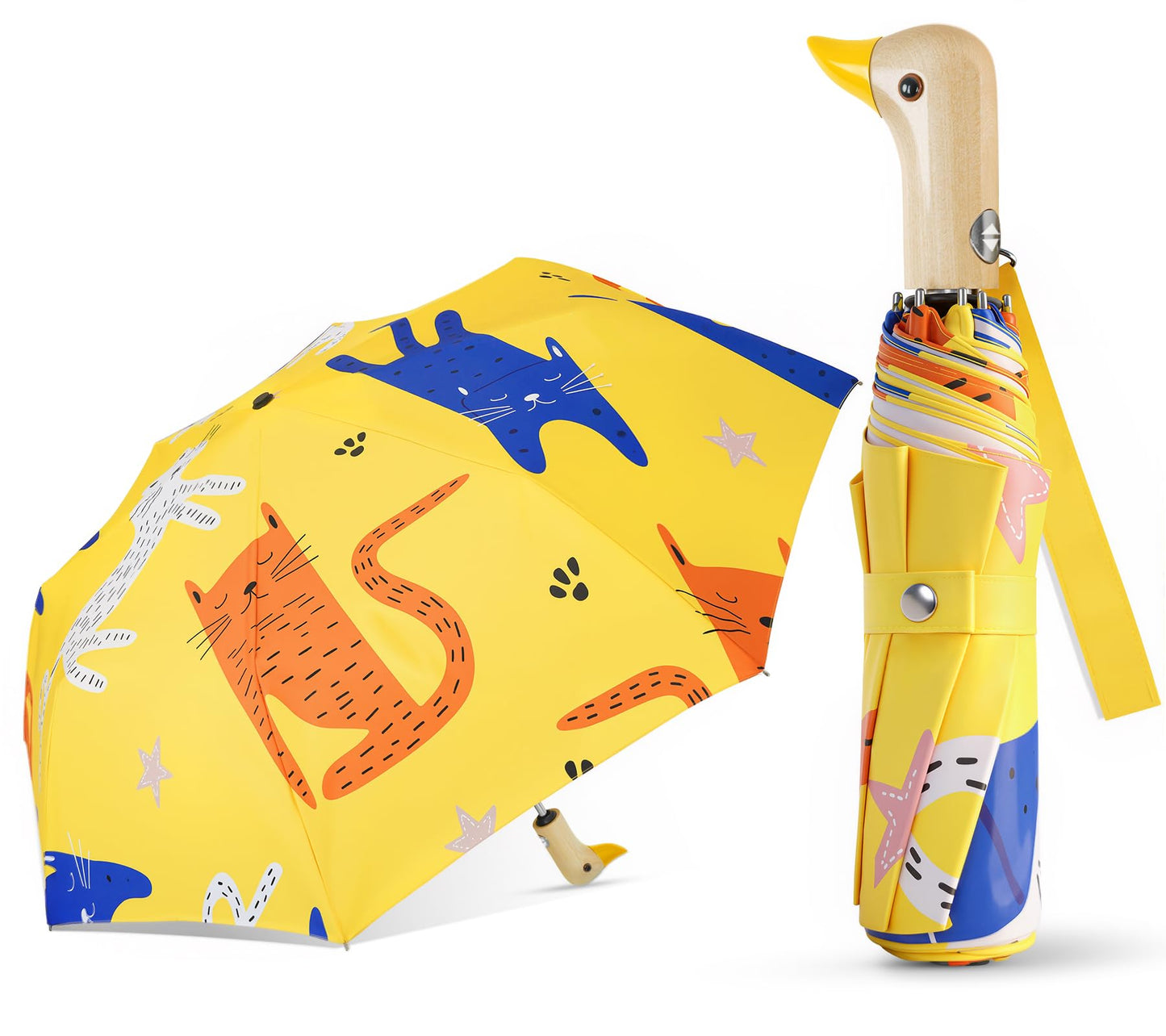 Duck Umbrella Cute Automatic Travel Size Compact Folding for Adults | Automatic duck wooden handle,Fit in handbag/backpack/suitcase,ideal gifts for women and kids