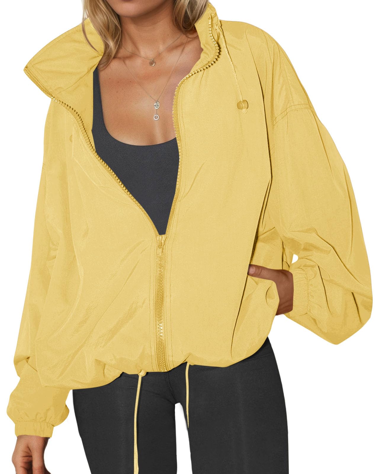 Womens Waterproof Rain Jackets Lightweight Zip Up Raincoat Outdoor Hiking Hooded Windbreaker with Pocket