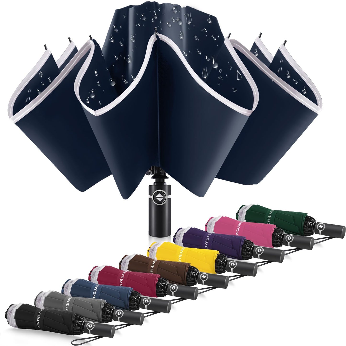 Bodyguard Inverted Umbrella - Large Windproof for Rain & Sun, Compact Reverse With Reflective Stripe, Teflon-Coated for Women Men, Travel Folding With Cover Bag