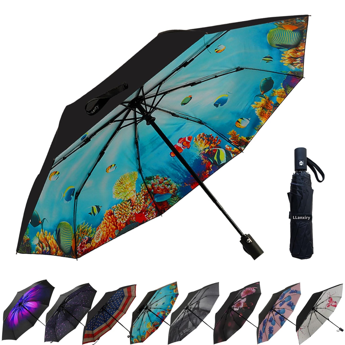 LLanxiry Compact Travel Umbrella, Windproof Automatic Umbrellas for Rain | Small, Portable, Folding, Lightweight, Waterproof, Backpacks, Purses, Cars, Commuting, Walk, School, Men, Women