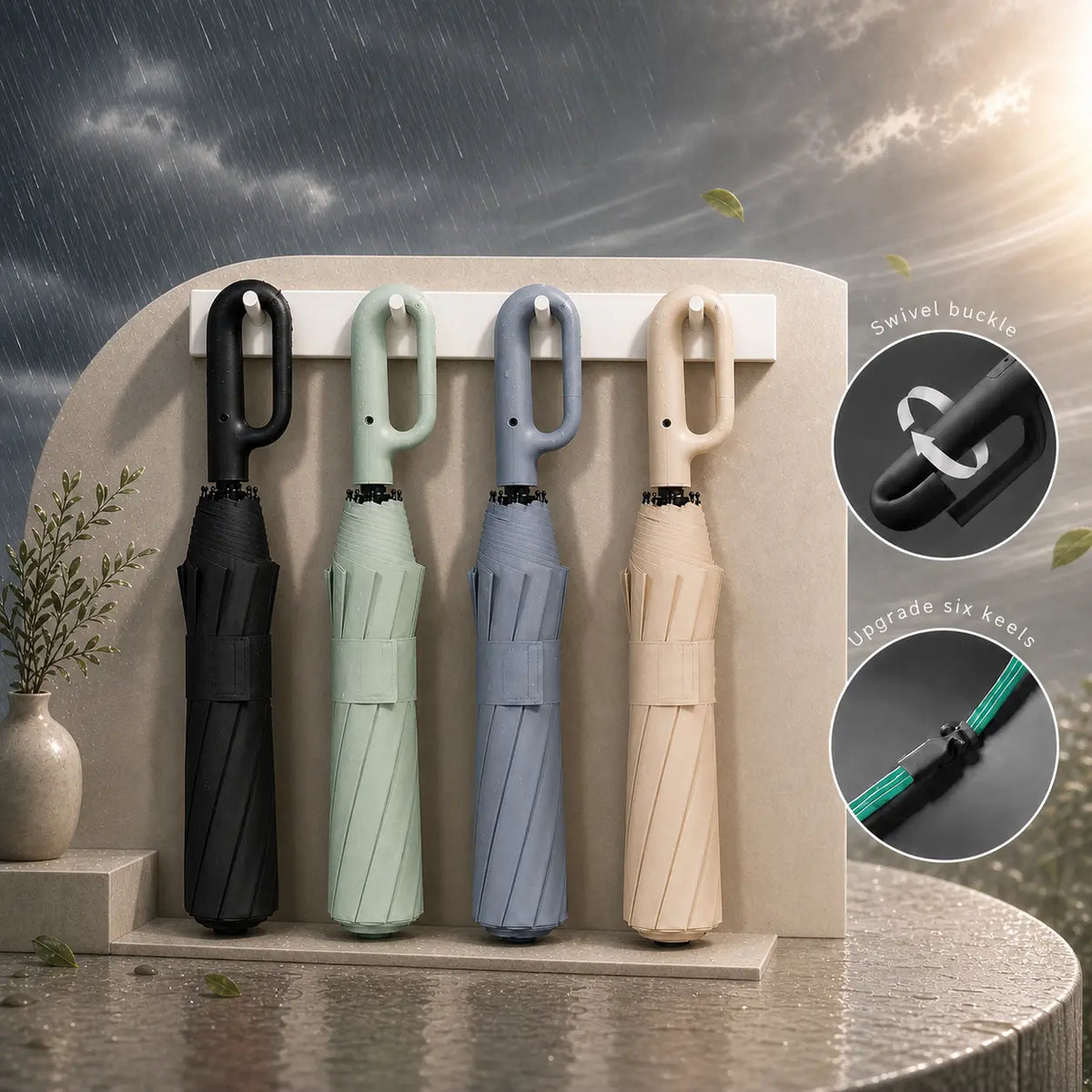 Automatic Open & Close Folding Umbrella with Double Choice, Hanging Ring Handle, Waterproof, Windproof, Sun Protection, Lightweight Portable Umbrella for Men & Women