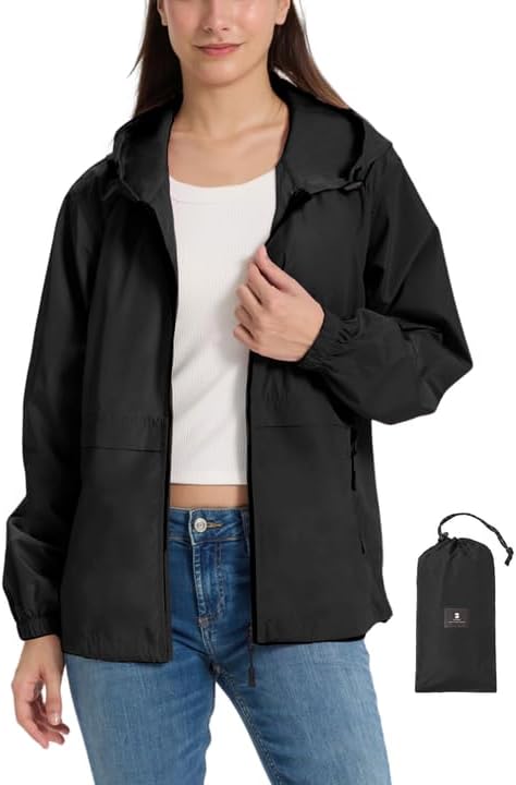 SaphiRose Lightweight Rain Jacket Women Waterproof Raincoat Packable | raincoat, rain coat, windbreaker, zip pockets, drawstring hem, hiking, camping, travel, ultra-portable