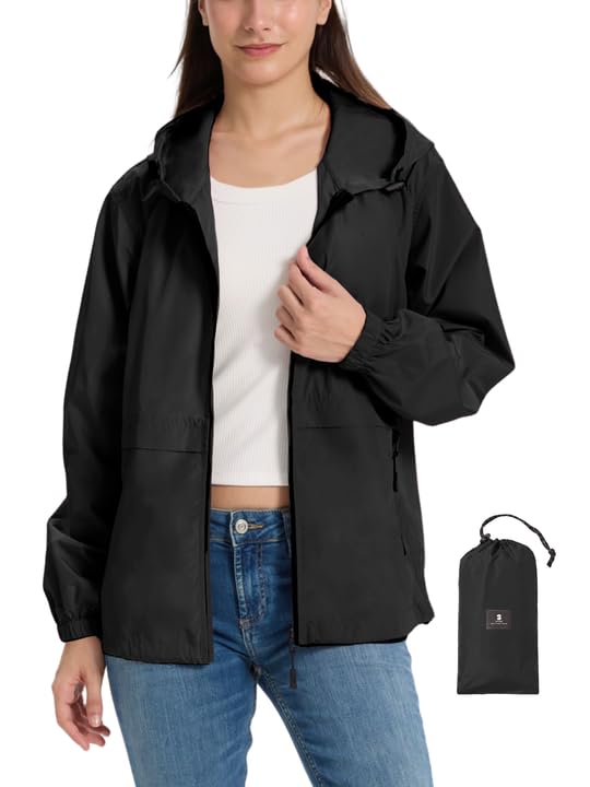 SaphiRose Lightweight Rain Jacket Women Waterproof Raincoat Packable | raincoat, rain coat, windbreaker, zip pockets, drawstring hem, hiking, camping, travel, ultra-portable