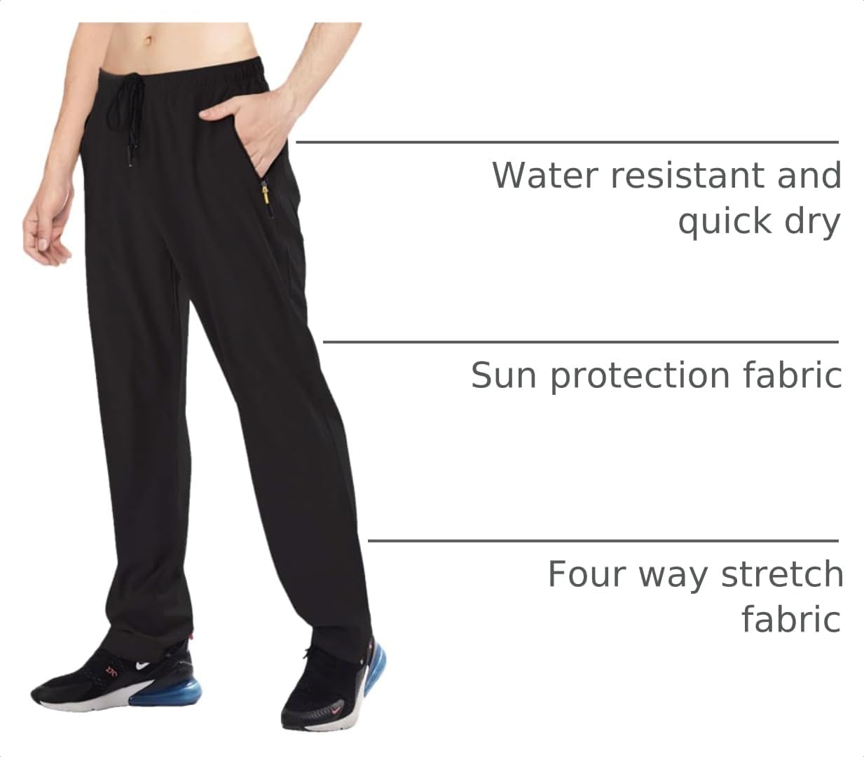 Men's Elastic Waist Hiking Pants Water Resistant Quick-Dry Lightweight Outdoor Sweatpants with Zipper Pockets