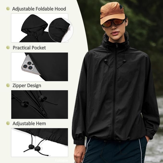 Womens Waterproof Rain Jackets Lightweight Zip Up Raincoat Outdoor Hiking Hooded Windbreaker with Pocket