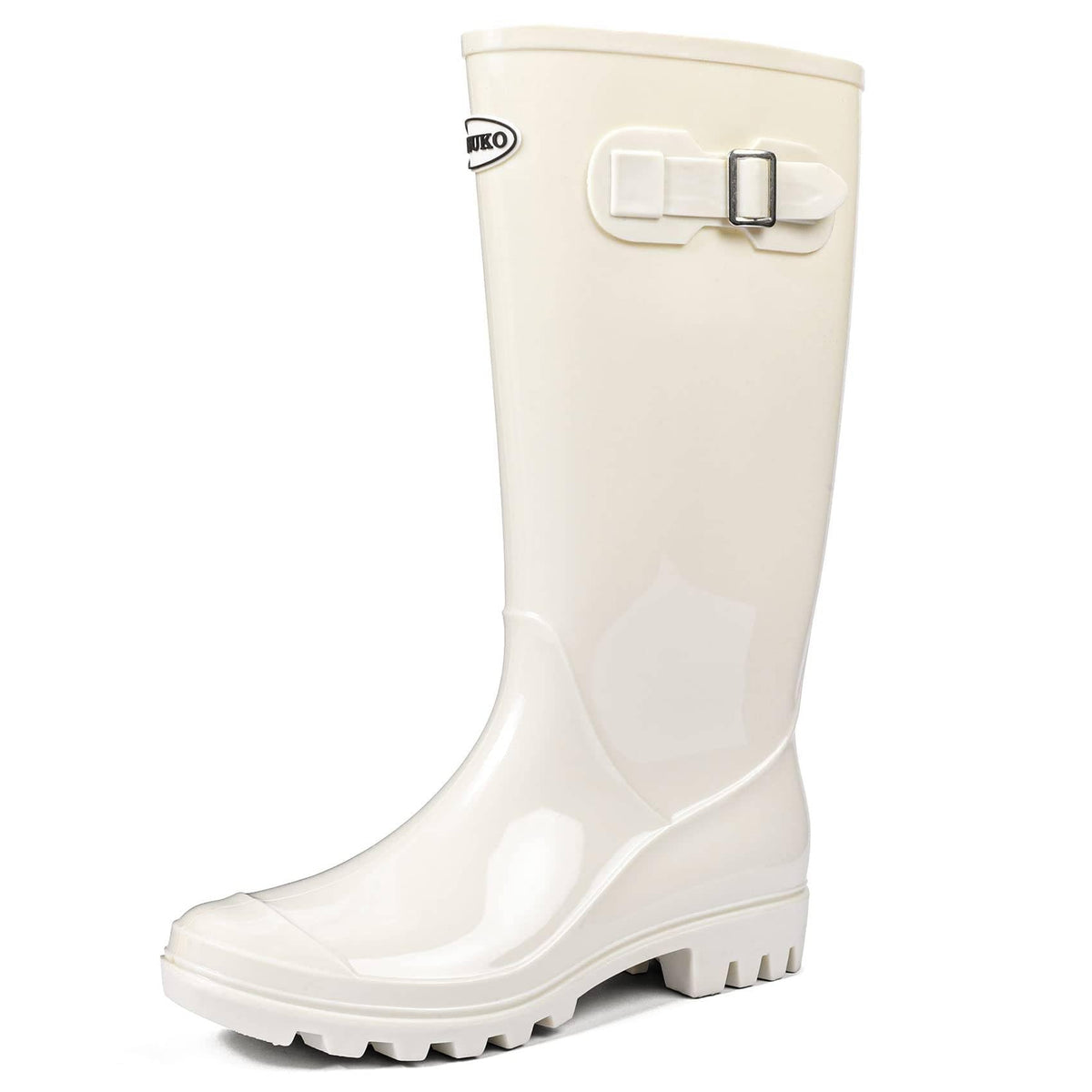 Women's Tall Waterproof Rain Boots Rubber Garden Boots with Buckle | Deep-lug non-slip outsole, breathable polyester lining, removable insole — for gardening, farm chores, rainy dog walks