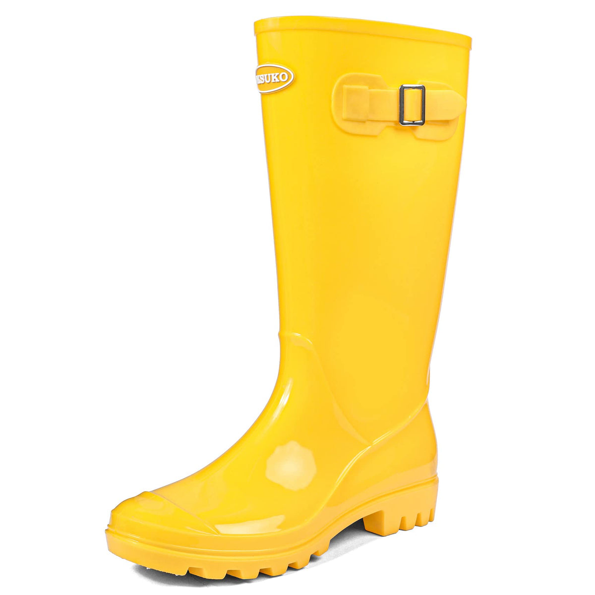 Women's Tall Waterproof Rain Boots Rubber Garden Boots with Buckle | Deep-lug non-slip outsole, breathable polyester lining, removable insole — for gardening, farm chores, rainy dog walks