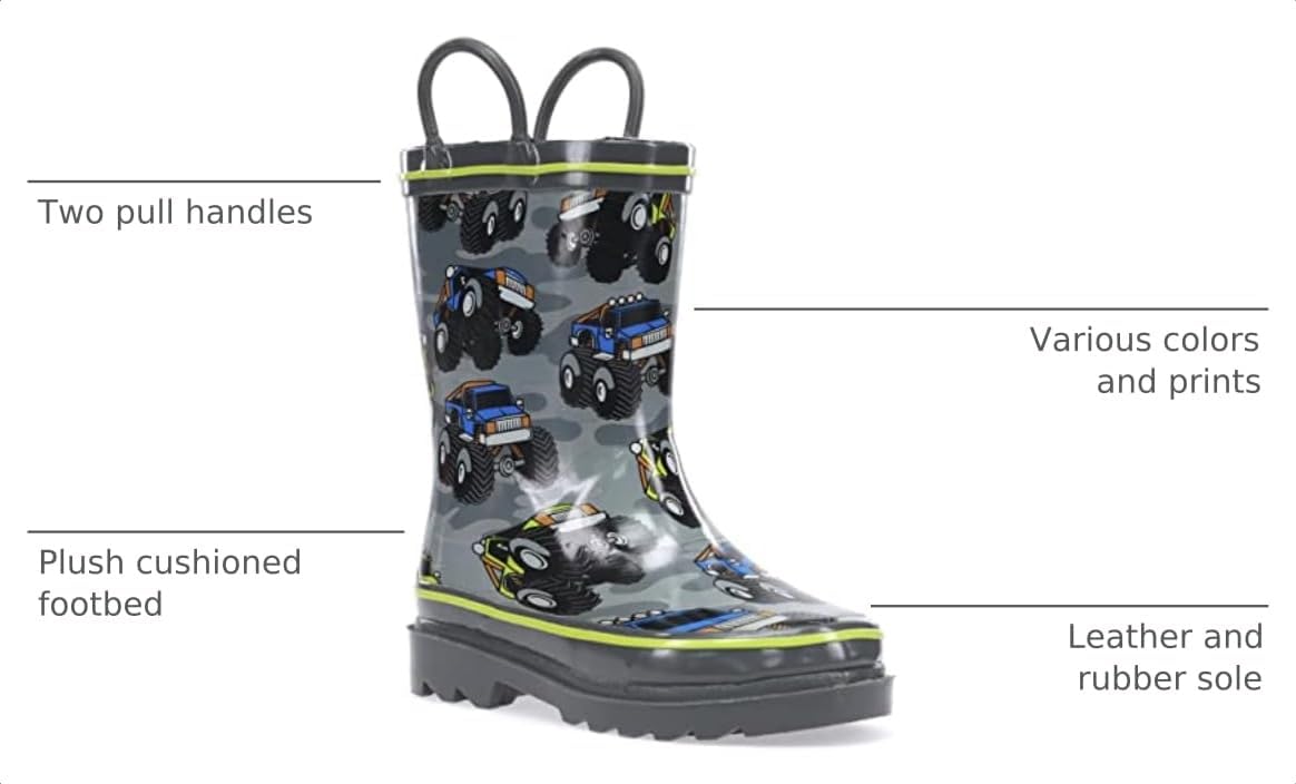 Western Chief Boys Waterproof Printed Rain Boot with Easy Pull On Handles