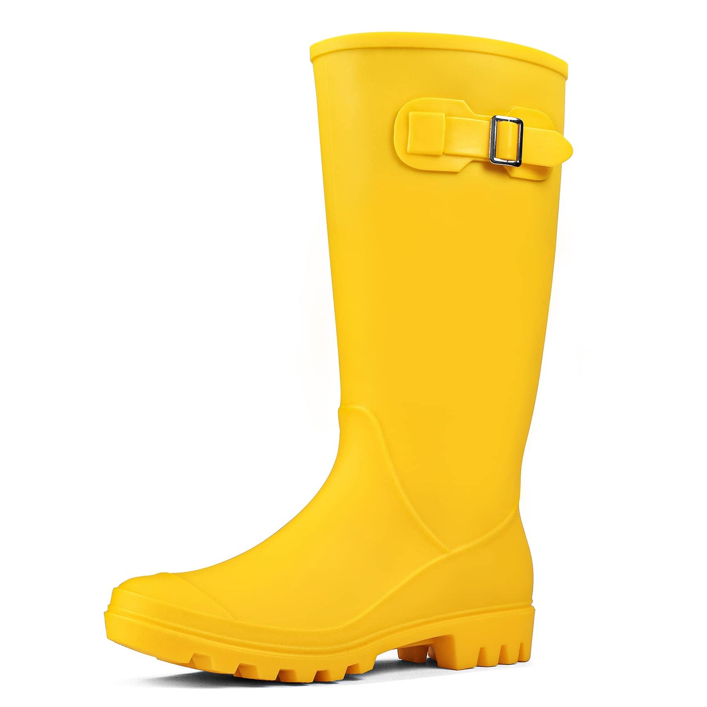 Women's Tall Waterproof Rain Boots Rubber Garden Boots with Buckle | Deep-lug non-slip outsole, breathable polyester lining, removable insole — for gardening, farm chores, rainy dog walks