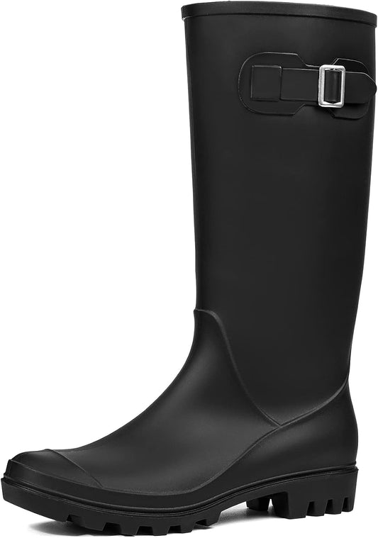 Women's Tall Waterproof Rain Boots Rubber Garden Boots with Buckle | Deep-lug non-slip outsole, breathable polyester lining, removable insole — for gardening, farm chores, rainy dog walks