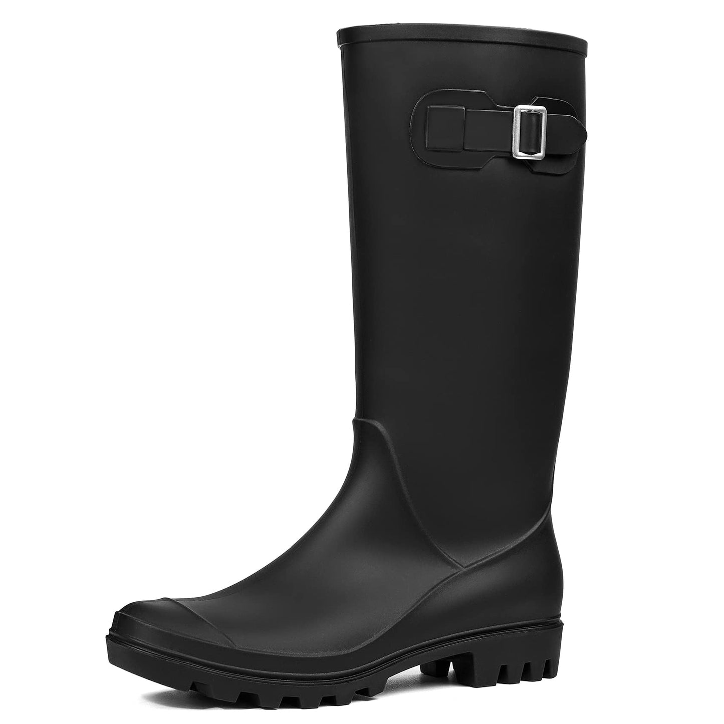 Women's Tall Waterproof Rain Boots Rubber Garden Boots with Buckle | Deep-lug non-slip outsole, breathable polyester lining, removable insole — for gardening, farm chores, rainy dog walks