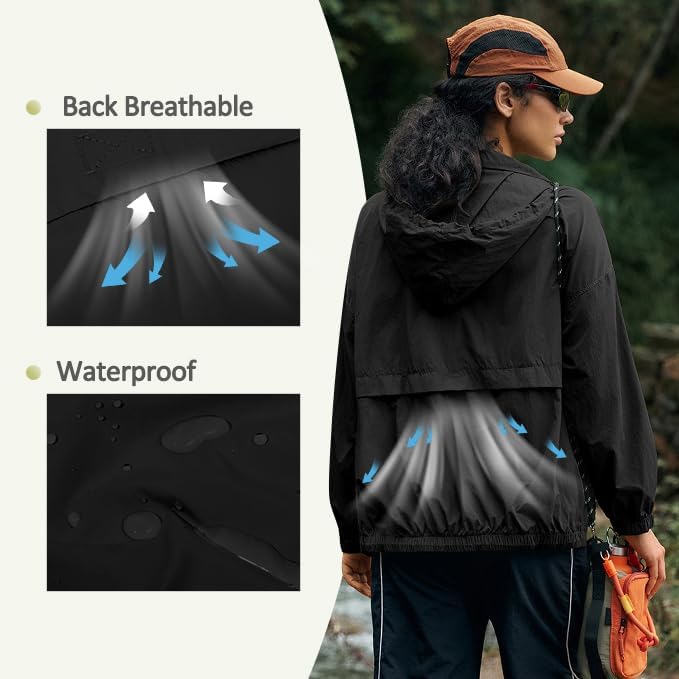 Womens Waterproof Rain Jackets Lightweight Zip Up Raincoat Outdoor Hiking Hooded Windbreaker with Pocket
