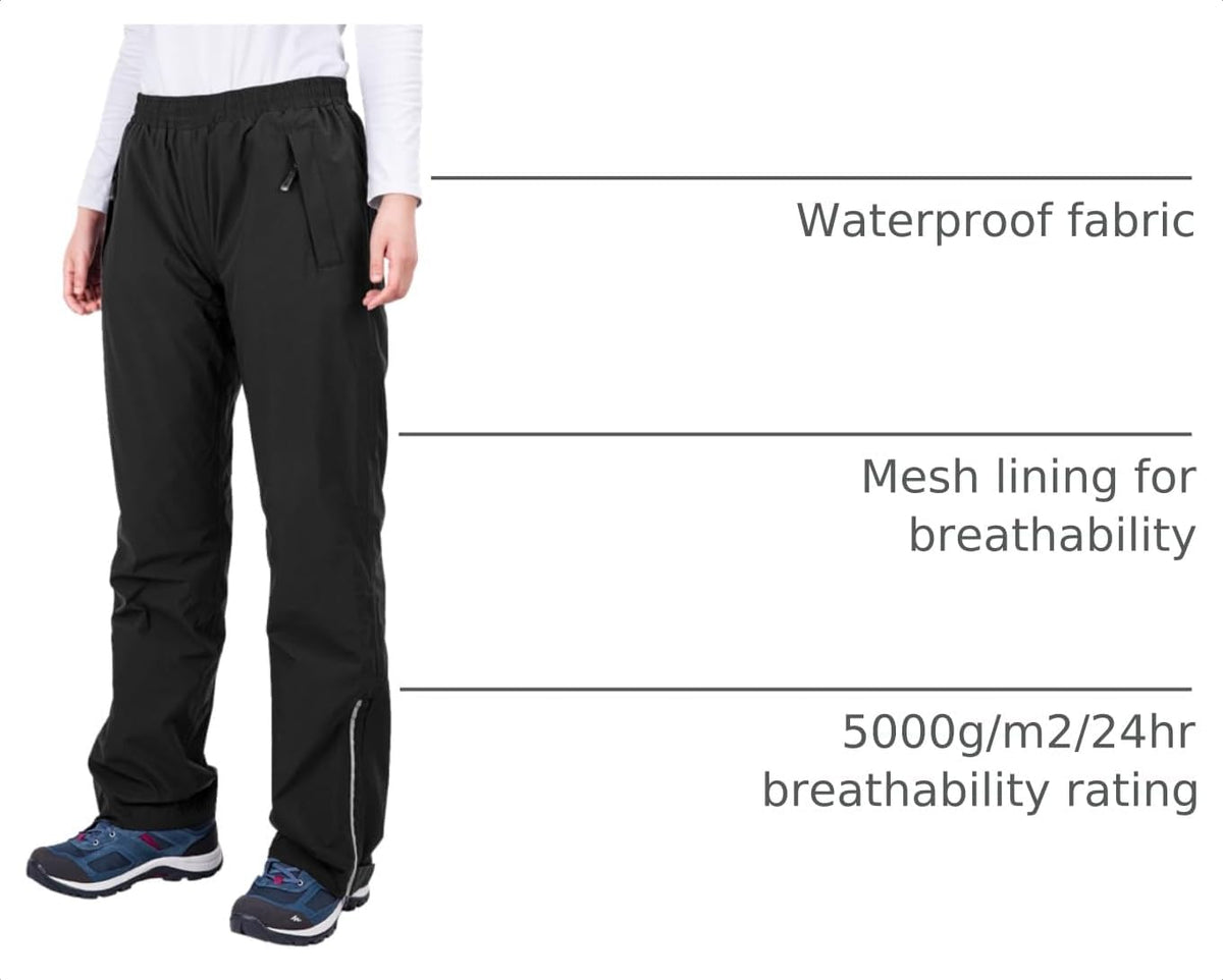 33,000ft Women's Rain Pants, Lightweight Waterproof Rain Over Pants | Windproof Hiking Pants with Mesh Lining for Outdoor, Fishing, Golf, Rainy Day, Zipper Pockets, Reflective Strip, Hook & Loop