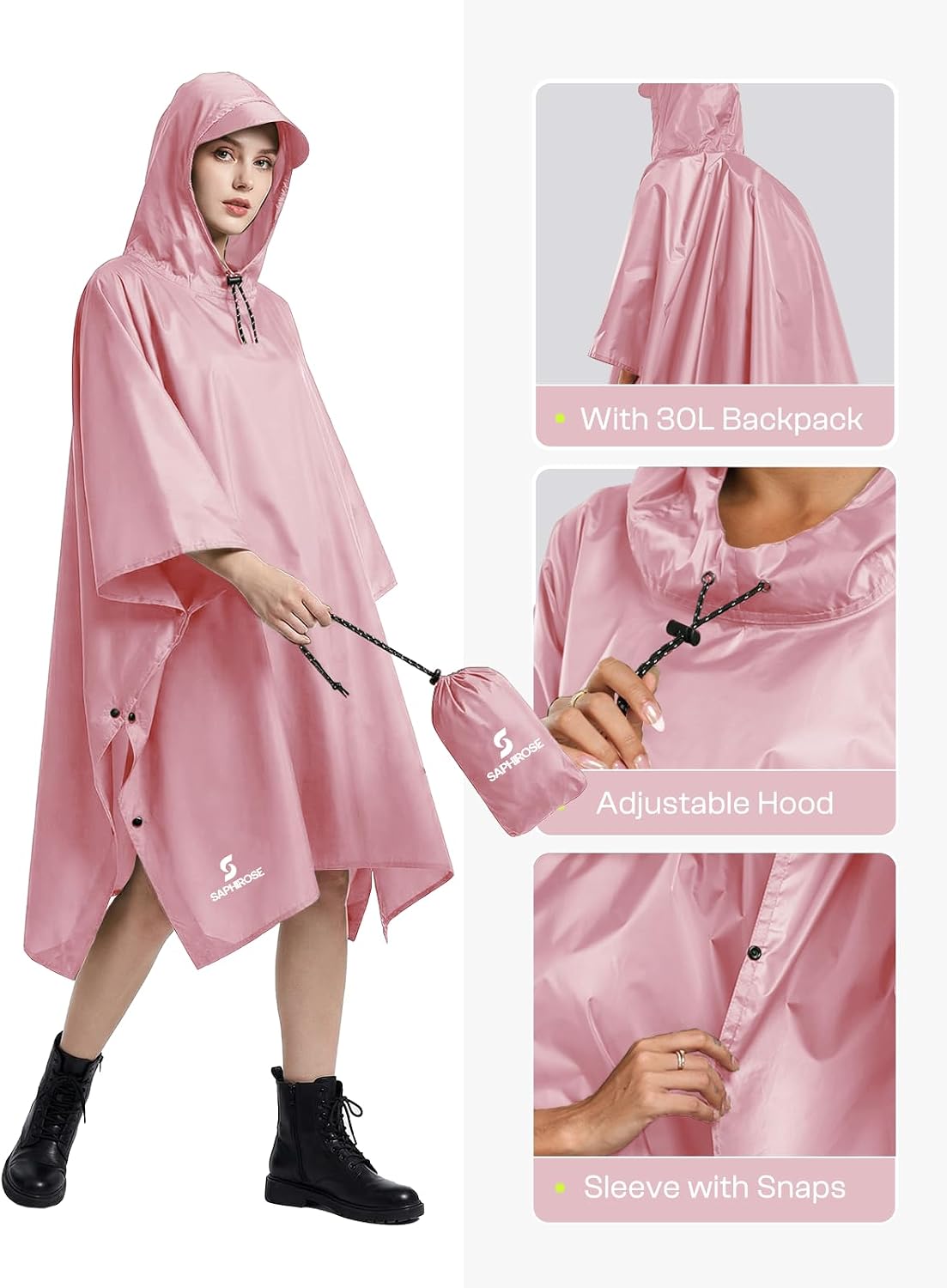 SaphiRose Hooded Rain Poncho Waterproof Raincoat Jacket for Men Women Adults