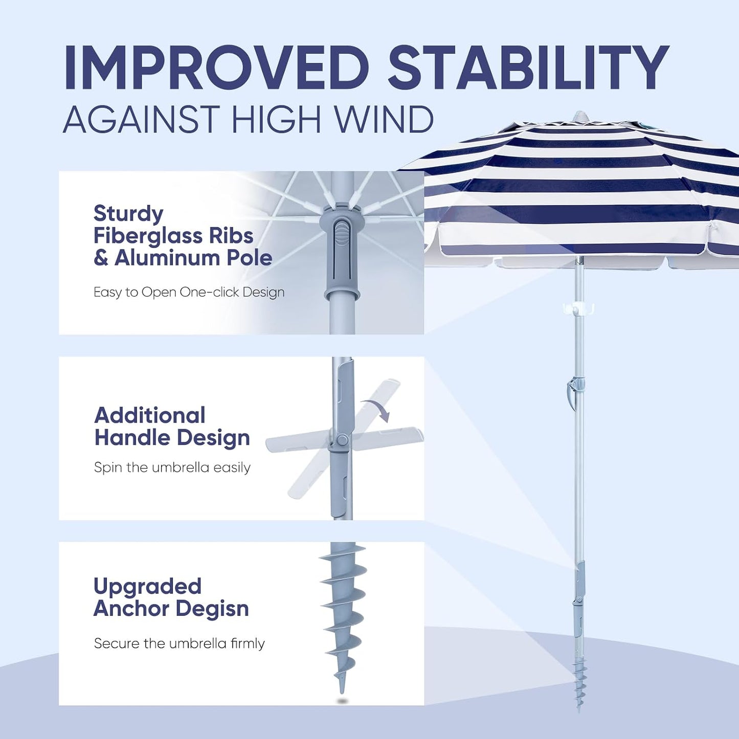 Tempera Heavy Duty High Wind Beach Umbrella with Sand Anchor & Carry Bag | Patio Outdoor Umbrella with Aluminum Frame and Push Button Tilt, Ideal for Garden Lawn, UPF 60+