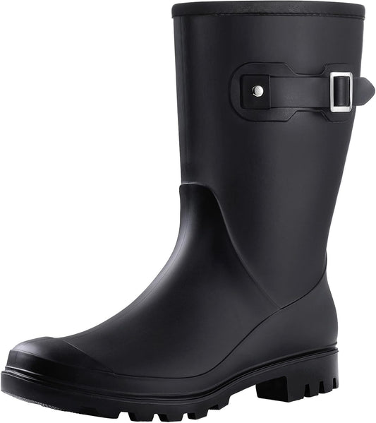 Evshine Women's Mid Calf Rain Boots Waterproof Garden Wellies with Buckle | Lightweight, Non-Slip, Ideal for Gardening, Farm Work, Rainy Days, Comfort Fit