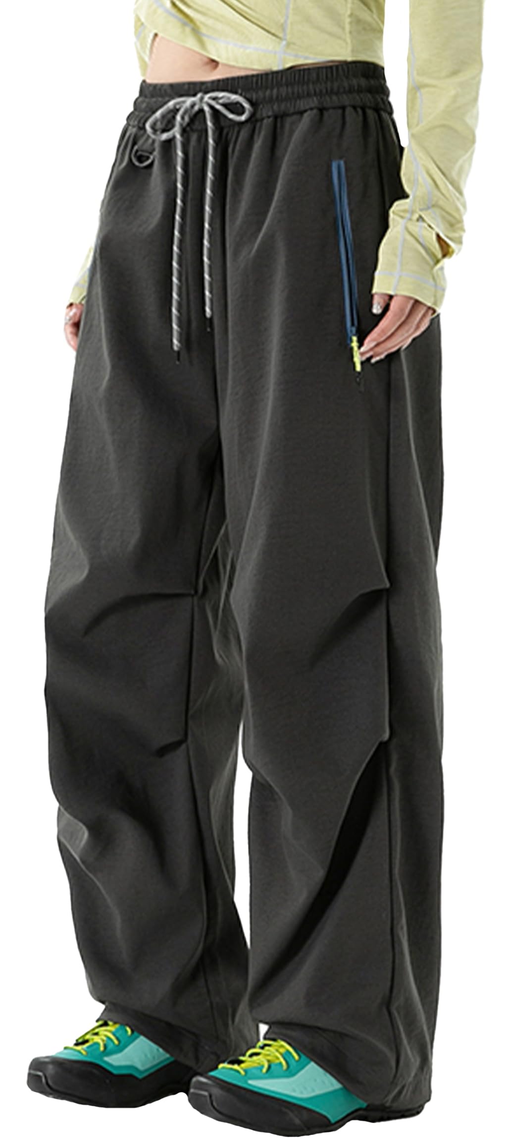 FEOYA Hiking Pants Women Parachute Pants Baggy Quick-Dry Water-Repellent | with Zipper Large Pockets Outdoor Travel Cargo Pants Casual Wear