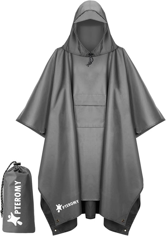 PTEROMY 3-in-1 Hooded Rain Poncho for Adult with Pocket, Waterproof Lightweight Unisex Raincoat for Hiking Camping Emergency