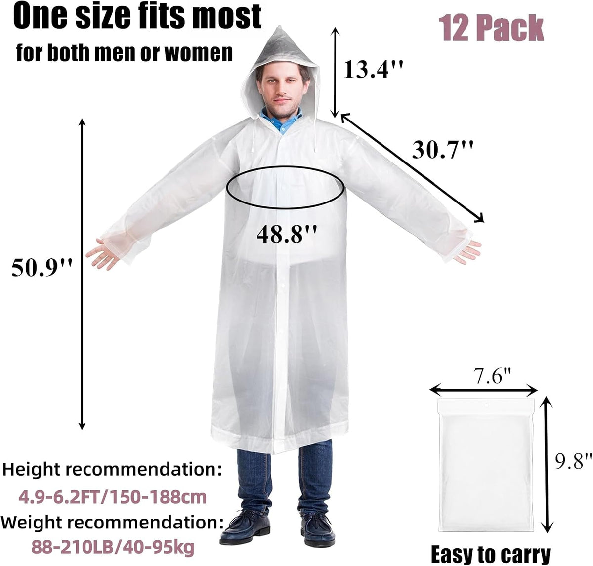 Cididu 12 Pack Rain Ponchos for Adults, Reusable Raincoat with Drawstring Hood, Portable EVA Rain Jackets for Women Men, Waterproof Long Rain Cape, Emergency Poncho for Travel Camping Hiking Outdoor