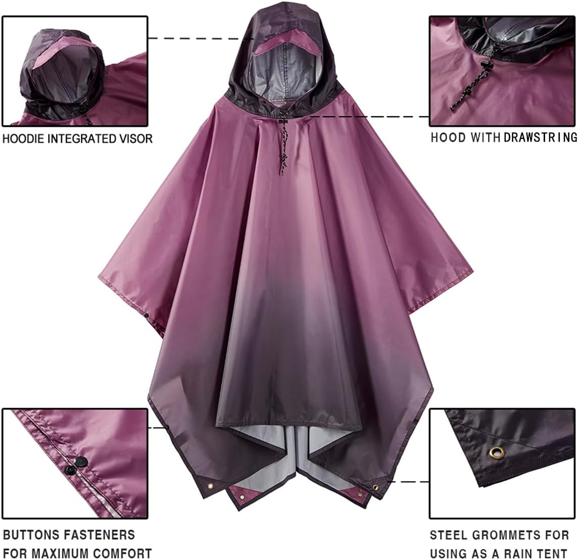 Hooded Rain Poncho for Adult, Waterproof Raincoat for Hiking Camping