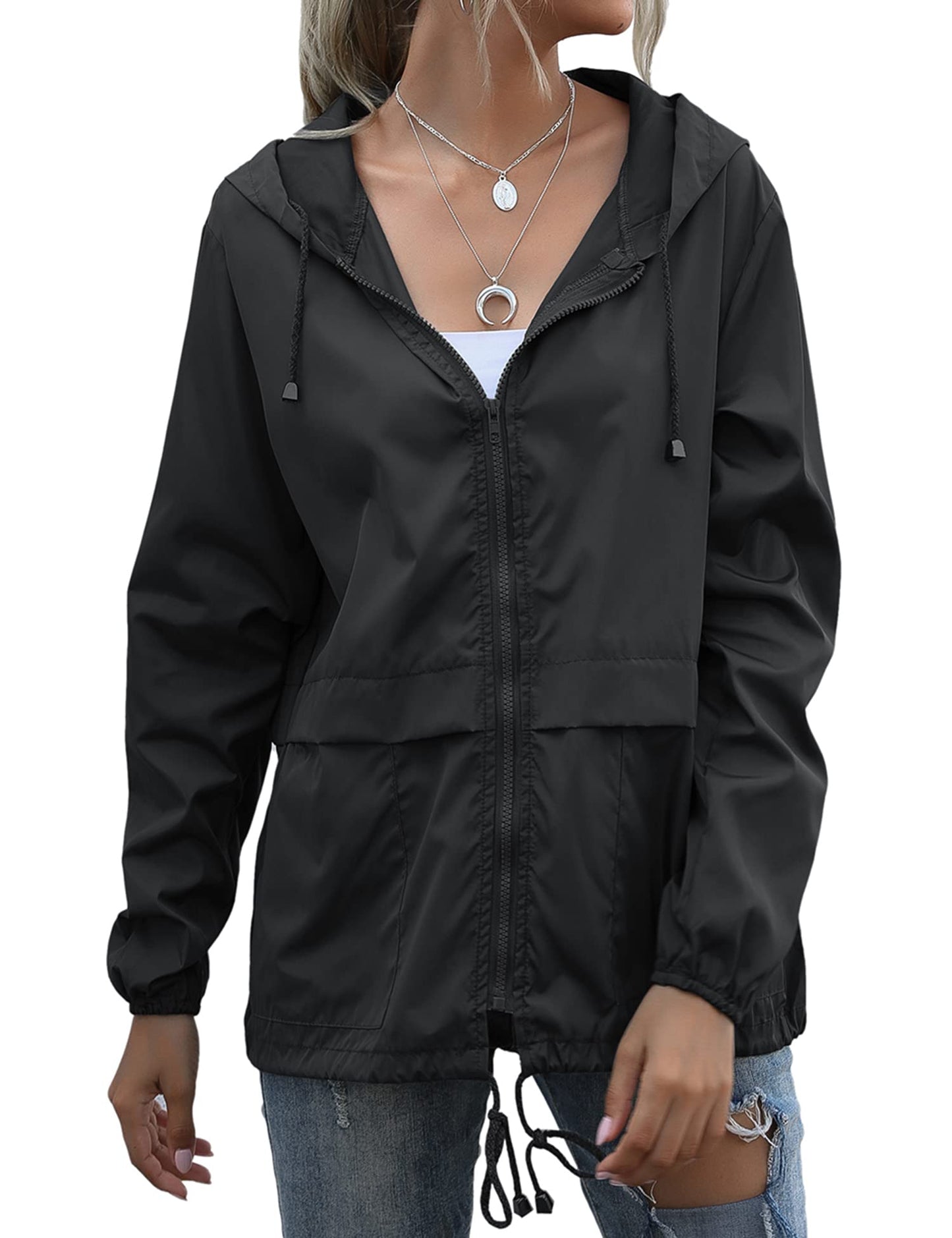 Women's Waterproof Raincoat Lightweight Rain Jacket Hooded Windbreaker with Pockets for Outdoor