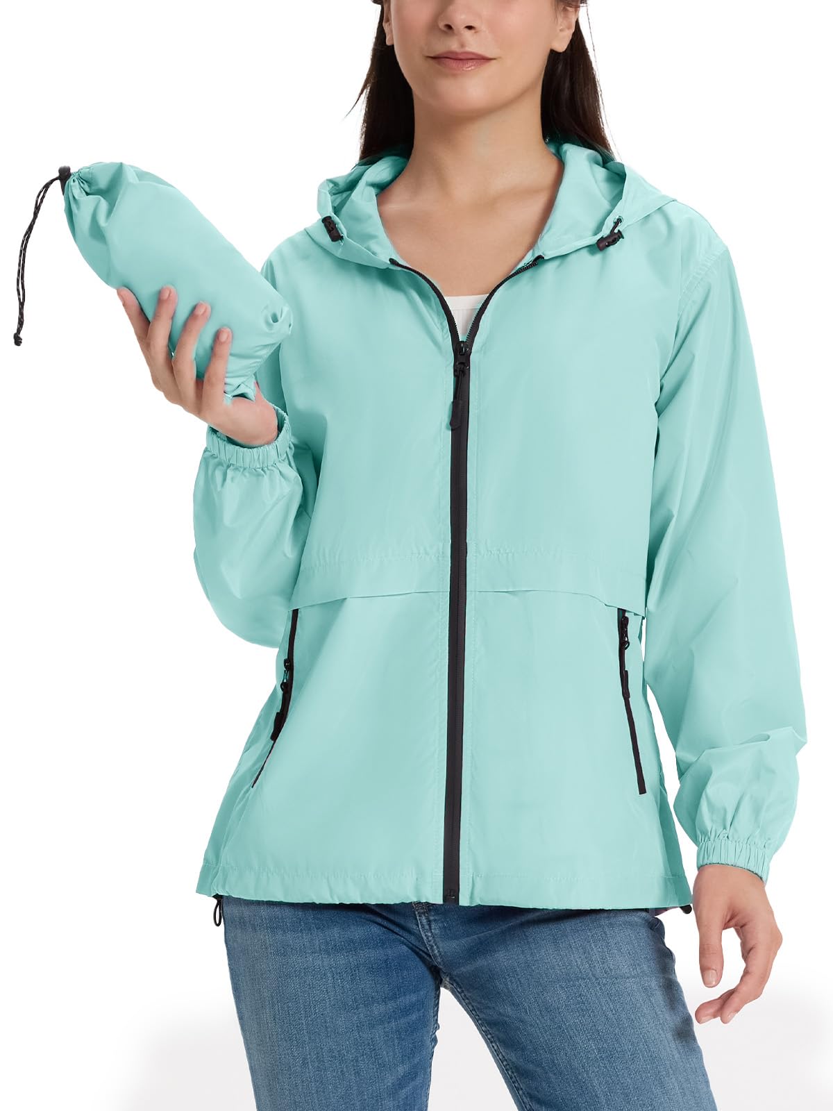 SaphiRose Lightweight Rain Jacket Women Waterproof Raincoat Packable | raincoat, rain coat, windbreaker, zip pockets, drawstring hem, hiking, camping, travel, ultra-portable