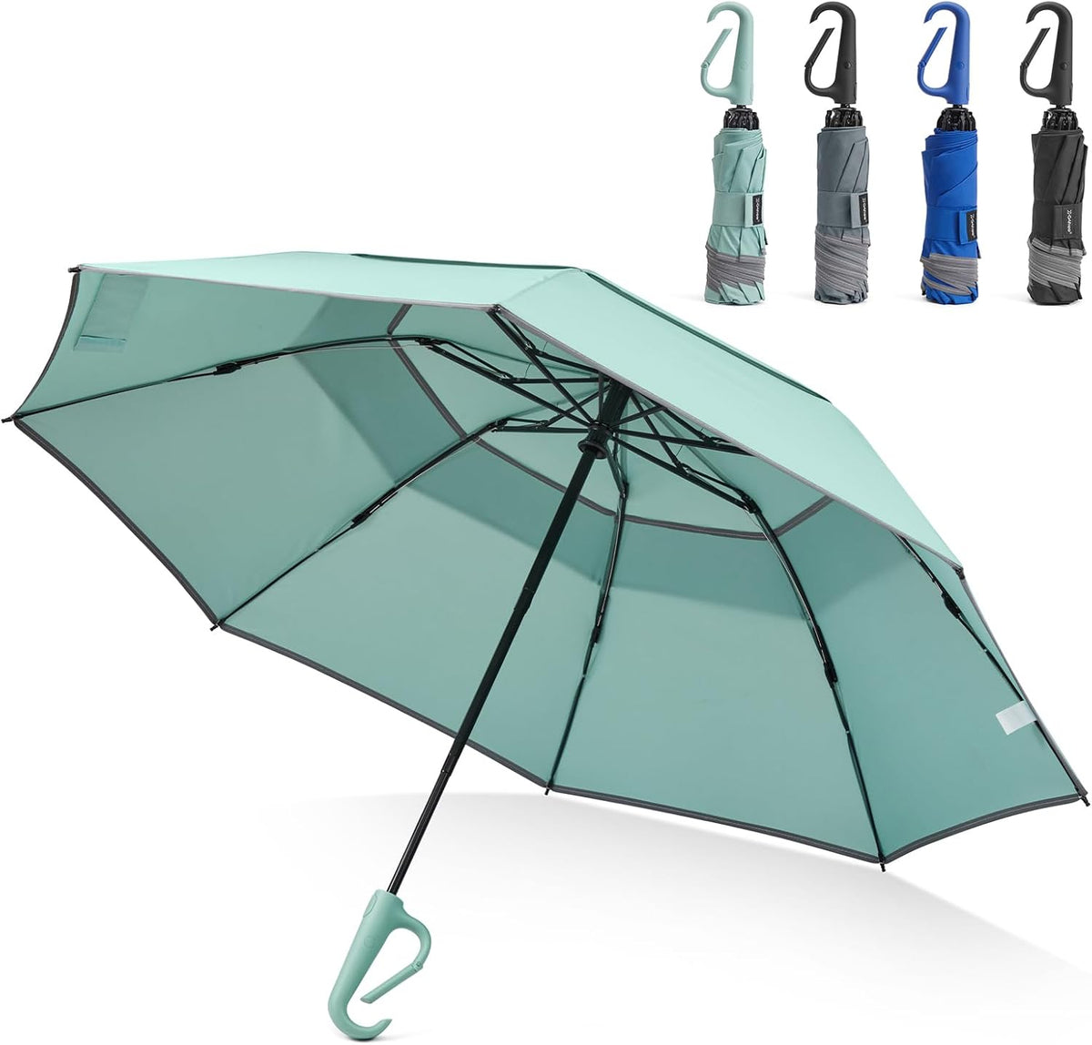 G4Free 46inch Ring Buckle Umbrella, Inverted Design with Carabiner Handle | Compact Travel Umbrella with Reflective Strip, Automatic Windproof for Rain