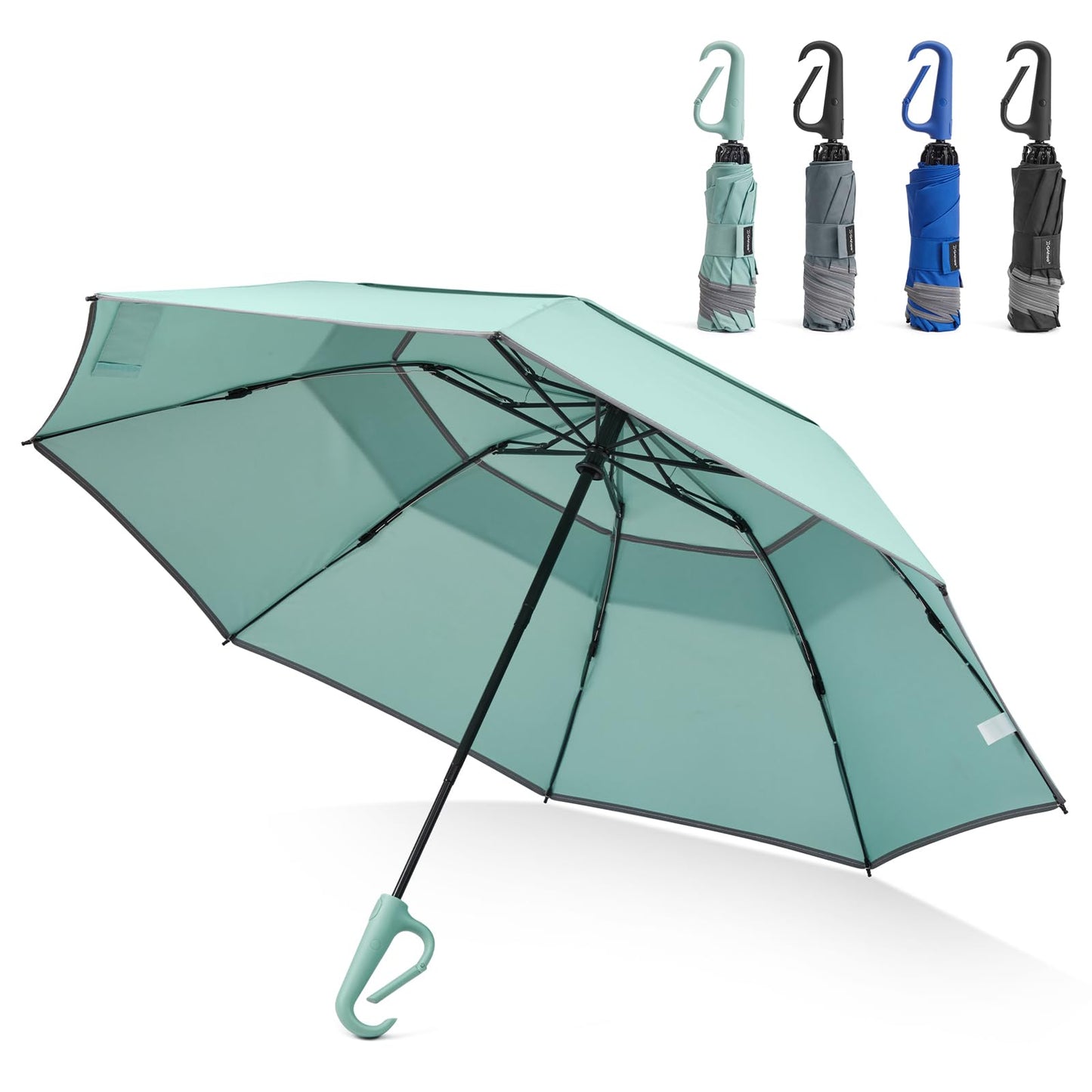 G4Free 46inch Ring Buckle Umbrella, Inverted Design with Carabiner Handle | Compact Travel Umbrella with Reflective Strip, Automatic Windproof for Rain