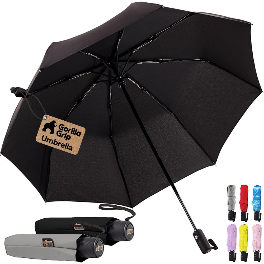 GORILLA GRIP Compact Travel Size Umbrella for Rain, Sleek Design Fits Backpack, Purse and Carry On, Lightweight Under 1lb, One Click Open and Close, Wind Resistant, Durable Waterproof, Cats Dogs