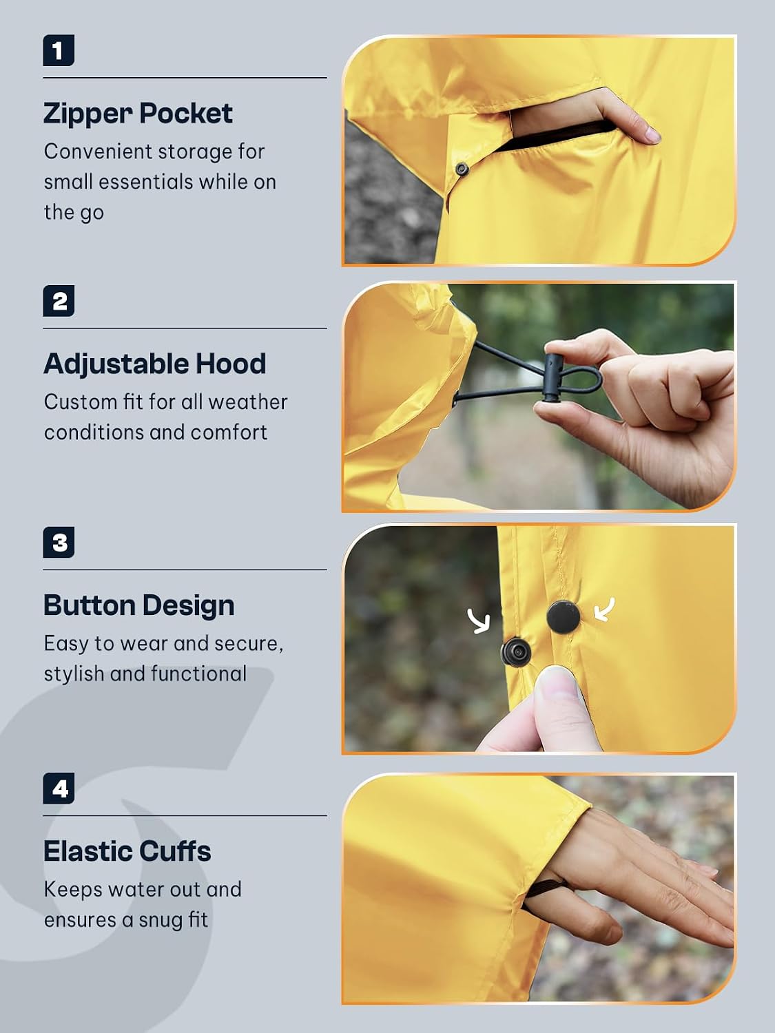 SaphiRose Adult Rain Poncho Waterproof Hooded Zipper Raincoat with Pockets | OEKO-TEX Certified 100% Polyester, Lightweight Packable Storage Pouch, Heat-Sealed Seams, Quick-Dry for Outdoor Hiking