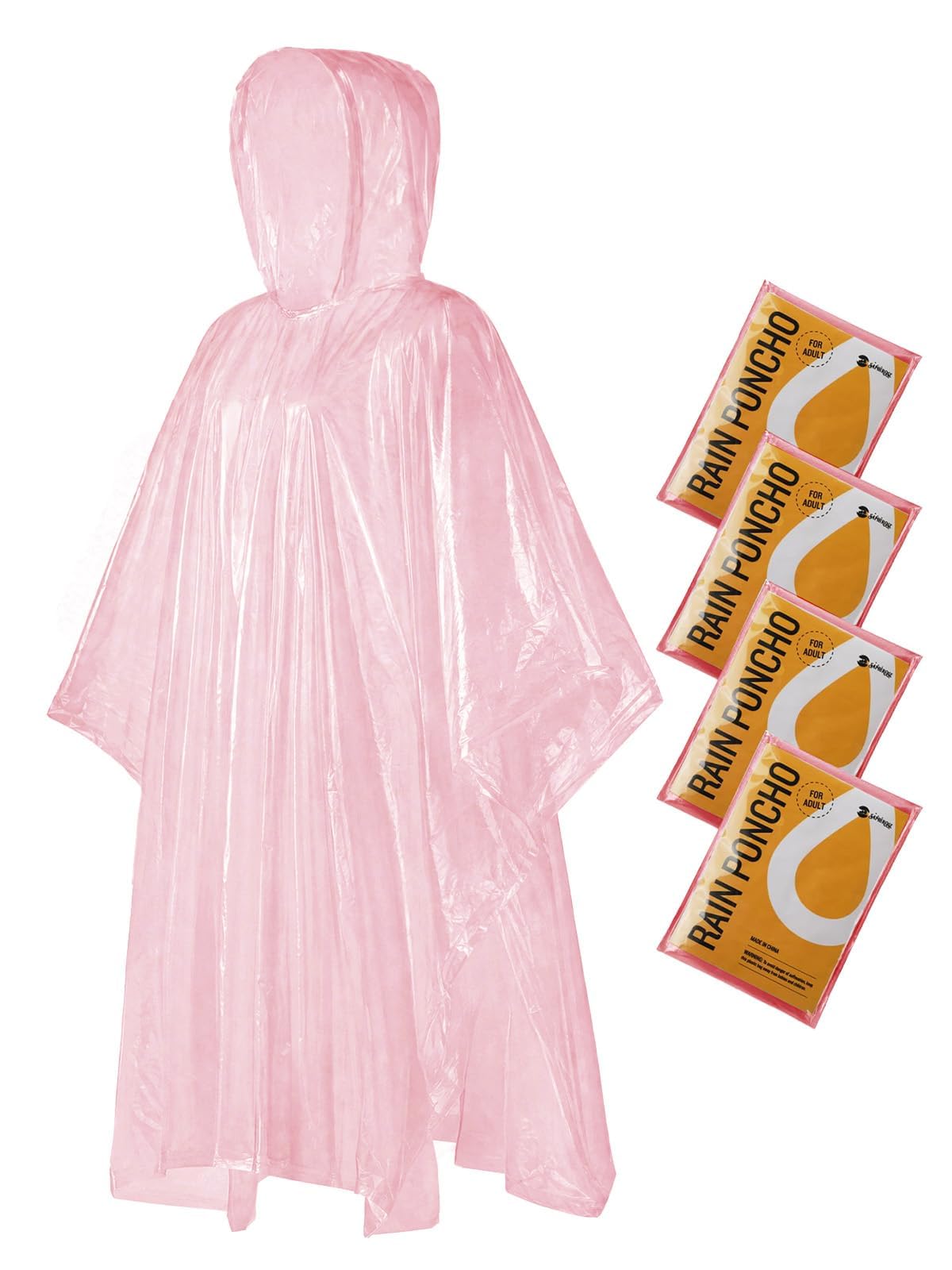 SaphiRose Disposable Adult Rain Ponchos 4 Pack Clear Emergency Raincoat | Value Pack, 100% Waterproof PE, One Size Fits Most Adults, Compact Individual Pouch, for Travel Theme Parks Emergency Kits