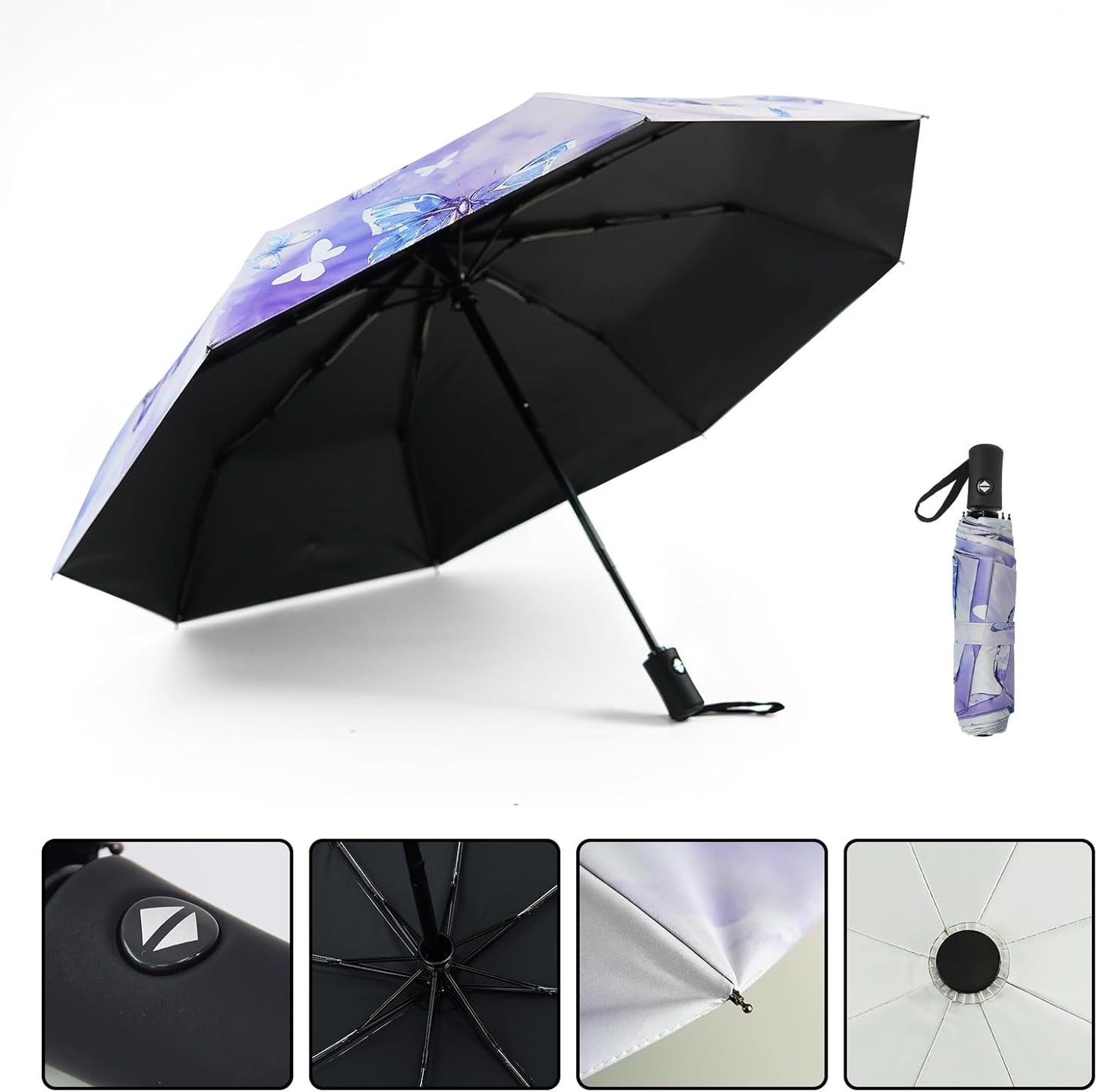 SY COMPACT Travel Umbrella - Windproof Automatic Compact Umbrellas for Rain | Small & Portable, UV Sun Protection, 11" Folded Travel Size, Fits in Backpack & Car, for Walking & Commutes, Factory Direct