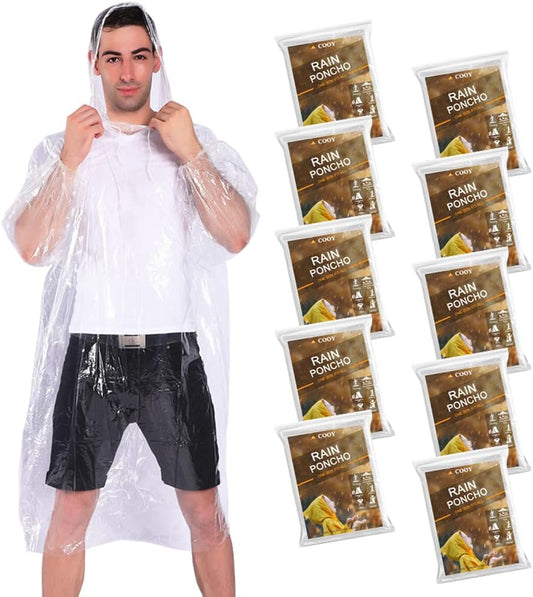 COOY Disposable Rain Ponchos for Adults (10 Pack), Family Pack for Travel | Better Value Per Poncho, Full Sleeve Design with Elastic Cuffs, Disney Trips, Outdoor Events, Easy Carry Travel Essential