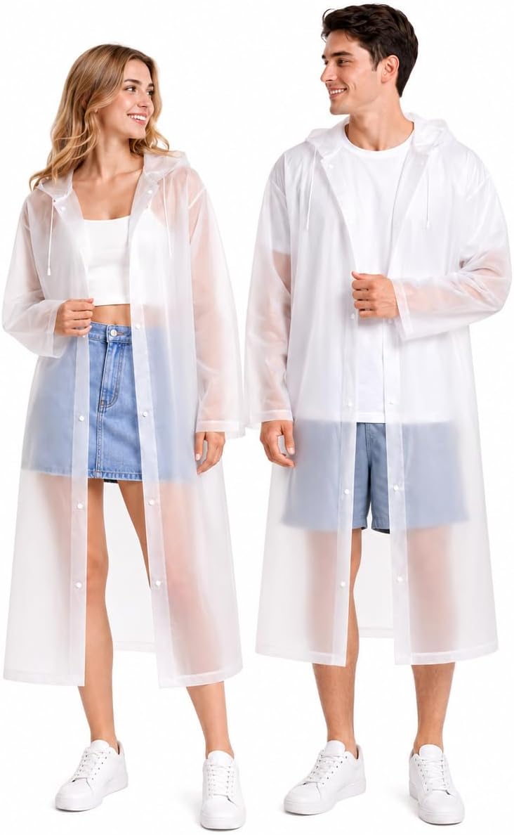 Rain Ponchos for Adults Reusable (2 Pack), Waterproof EVA Raincoats | Raincoats with Hood and Drawstring for Women & Men, Lightweight Emergency Raincoats for Theme Parks and Music Festivals