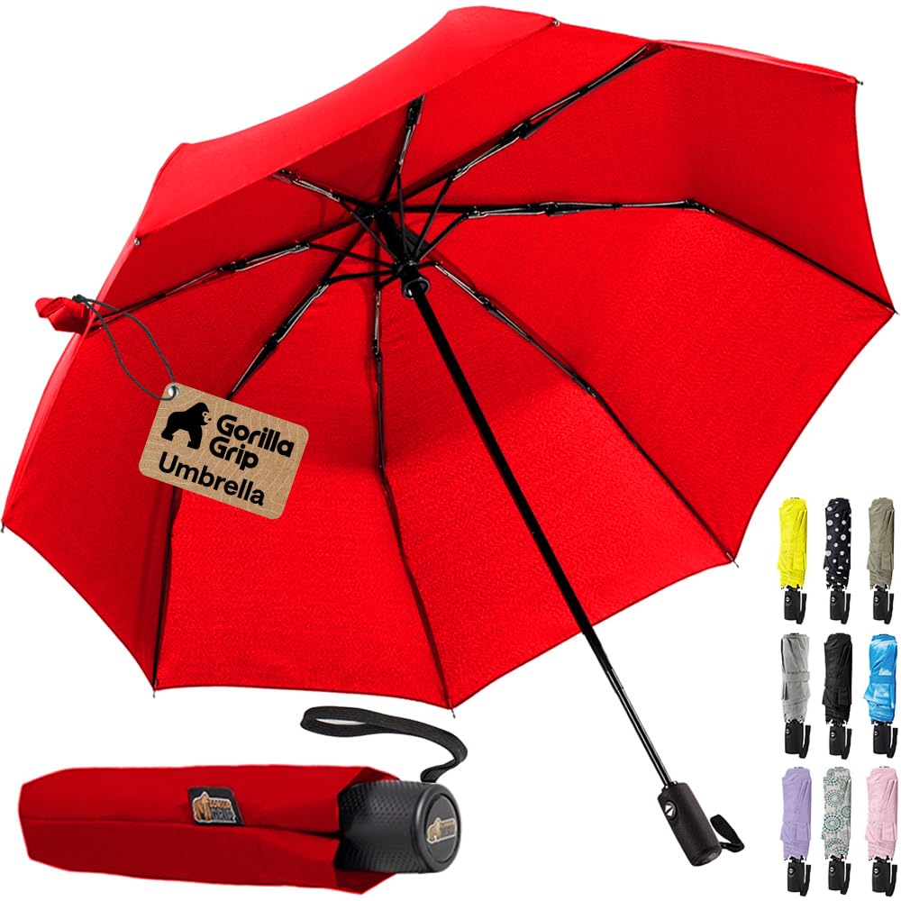 GORILLA GRIP Compact Travel Size Umbrella for Rain, Sleek Design Fits Backpack, Purse and Carry On, Lightweight Under 1lb, One Click Open and Close, Wind Resistant, Durable Waterproof, Cats Dogs