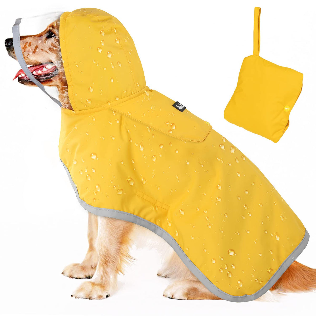 Lukovee Dog Raincoat, Waterproof Rain Jacket, Clear Hood & Reflective Rim | Easy On Off Adjustable Straps, Leash Hole, Soft Mesh Lining, Storage Pocket, Poncho for Small Medium Large Dogs (Yellow, 2XL)