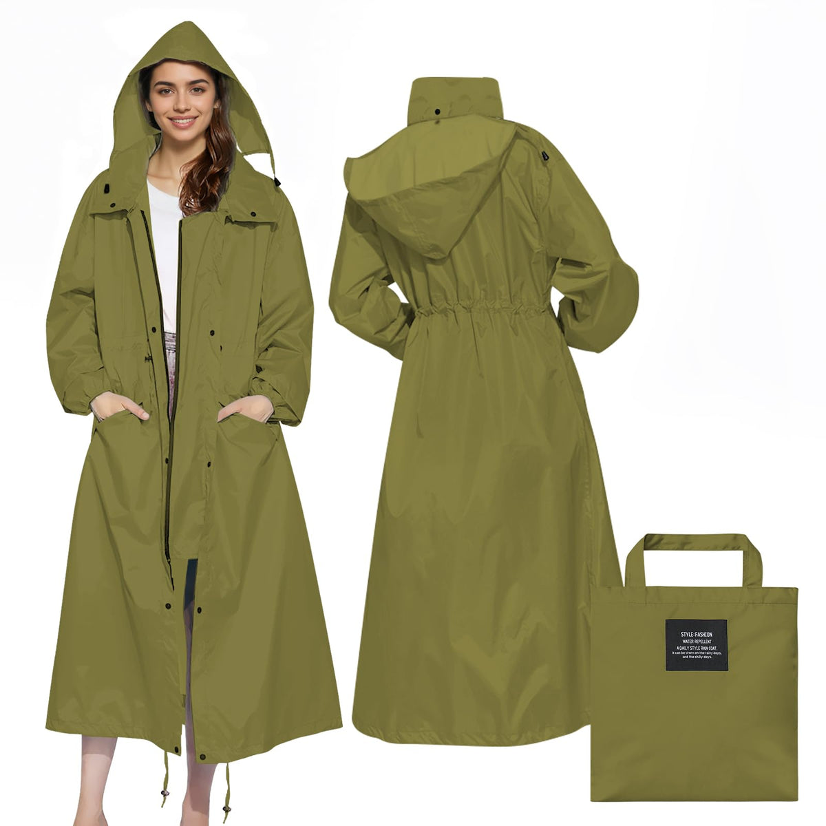 LAMA Womens Long Raincoats Rain Jacket Waterproof Packable Hooded Windbreaker Lightweight Adjustable Waist for Outdoor