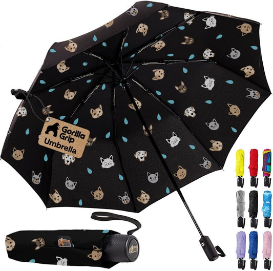 GORILLA GRIP Compact Travel Size Umbrella for Rain, Sleek Design Fits Backpack, Purse and Carry On, Lightweight Under 1lb, One Click Open and Close, Wind Resistant, Durable Waterproof, Cats Dogs