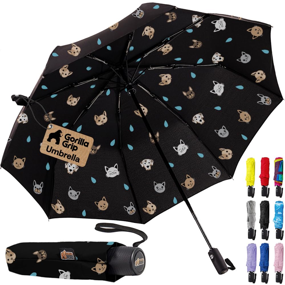 GORILLA GRIP Compact Travel Size Umbrella for Rain, Sleek Design Fits Backpack, Purse and Carry On, Lightweight Under 1lb, One Click Open and Close, Wind Resistant, Durable Waterproof, Cats Dogs
