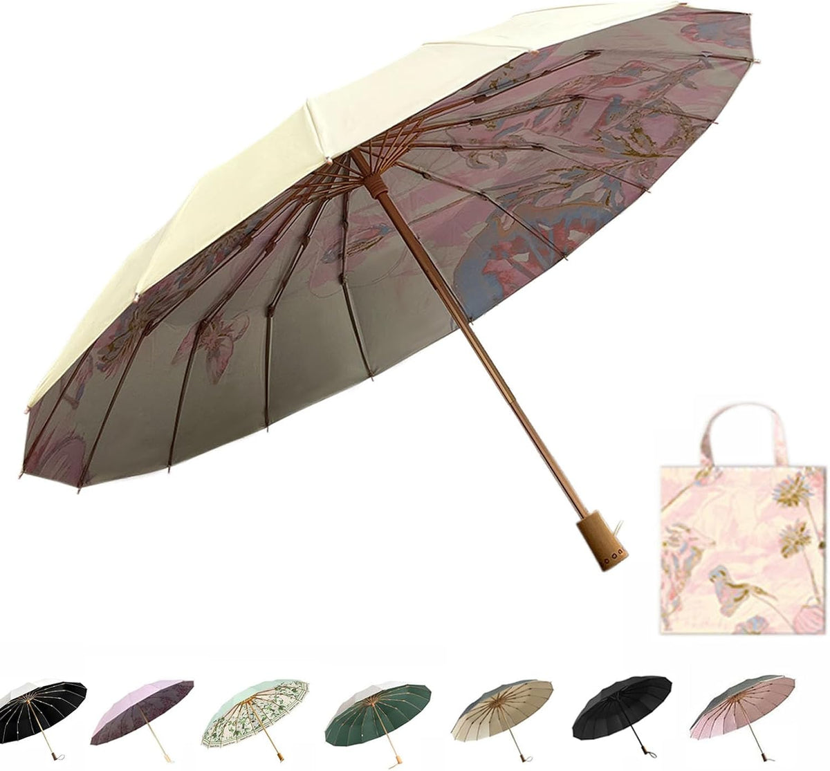 Compact Umbrellas For Rain and Sun UPF 50+ UV Protection Travel Size Windproof waterproofing and Strong Travel Essentials for Men Women 16 Ribs Wooden Handle Pink Backpacks Car Birthday Gifts For Women Lightweight 0.85LB