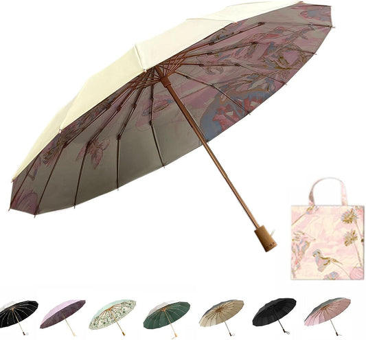 Compact Umbrellas For Rain and Sun UPF 50+ UV Protection Travel Size Windproof waterproofing and Strong Travel Essentials for Men Women 16 Ribs Wooden Handle Pink Backpacks Car Birthday Gifts For Women Lightweight 0.85LB